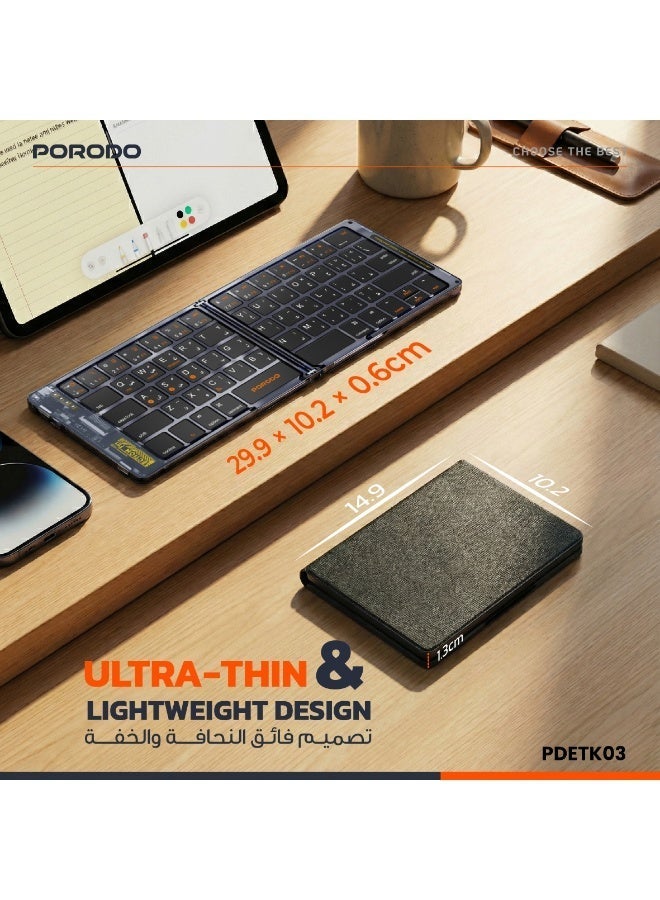 porodo Crystal Shell Wireless Keyboard / Foldable / 65keys and Arabic Language /Windows/iOS/Android/Mac Compatibility / Rechargeable / Lightweight and Compact and Folding Keyboard - Black - Image 5